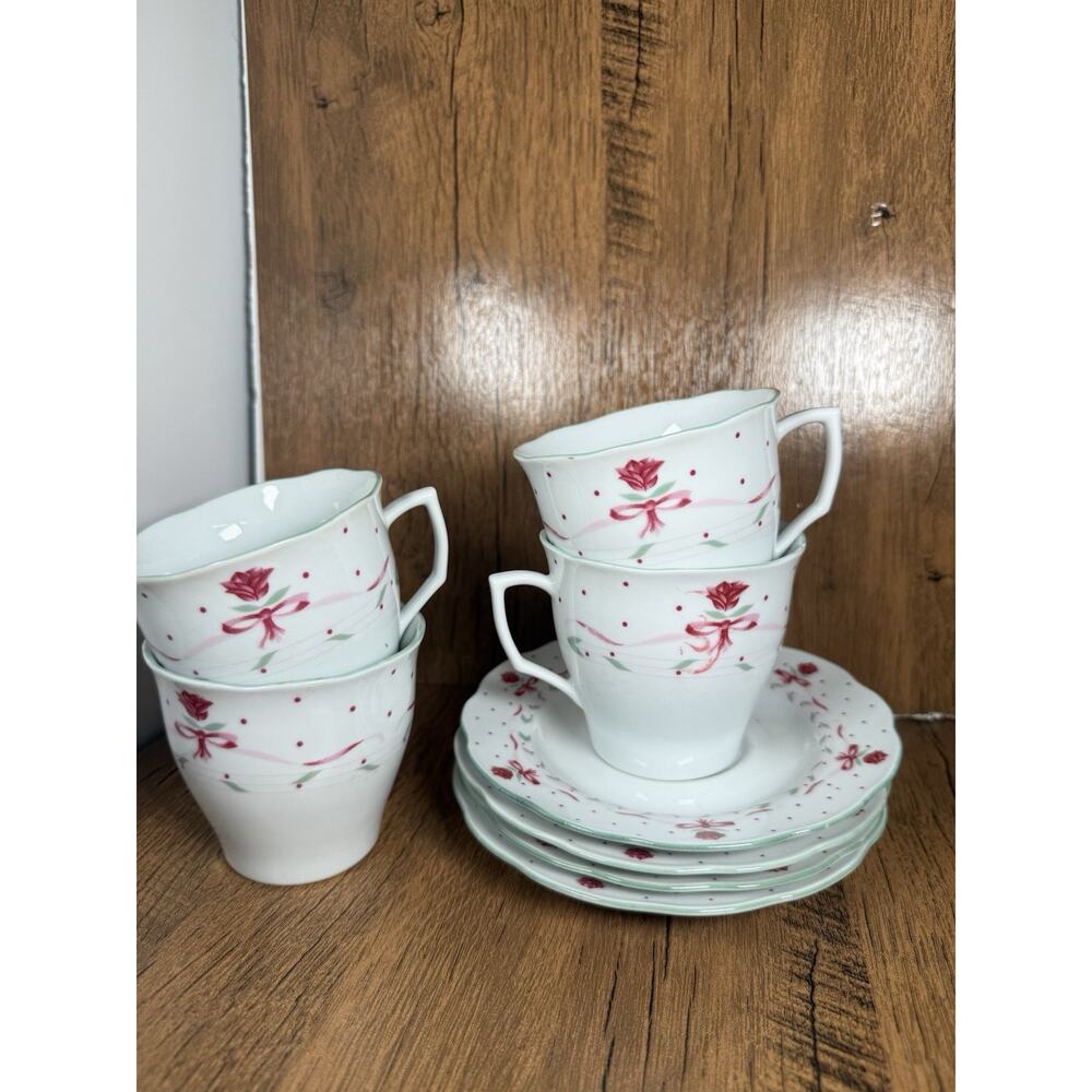 Gibson Designs Regency Tea Cups And Saucers Pink Tulips, White/Cream